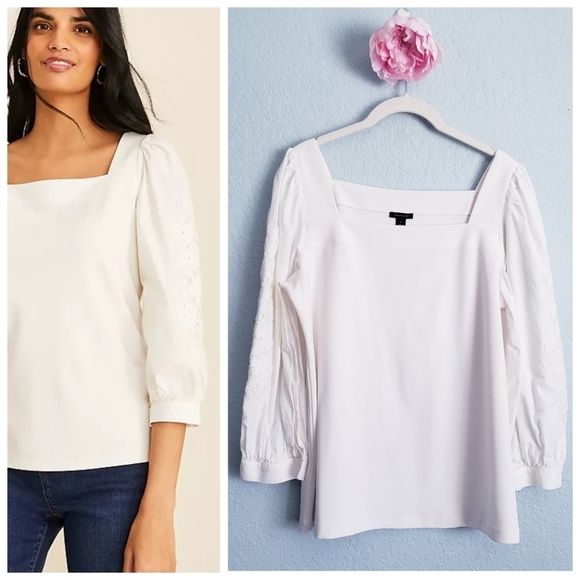 Ann Taylor White Square Neck Floral Eyelet Long Sleeve Blouse - Picture 1 of 9